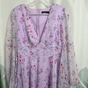 SHEIN Double Crazy Plunging Neck Bell Sleeve Allover Floral Print Chiffon Dress